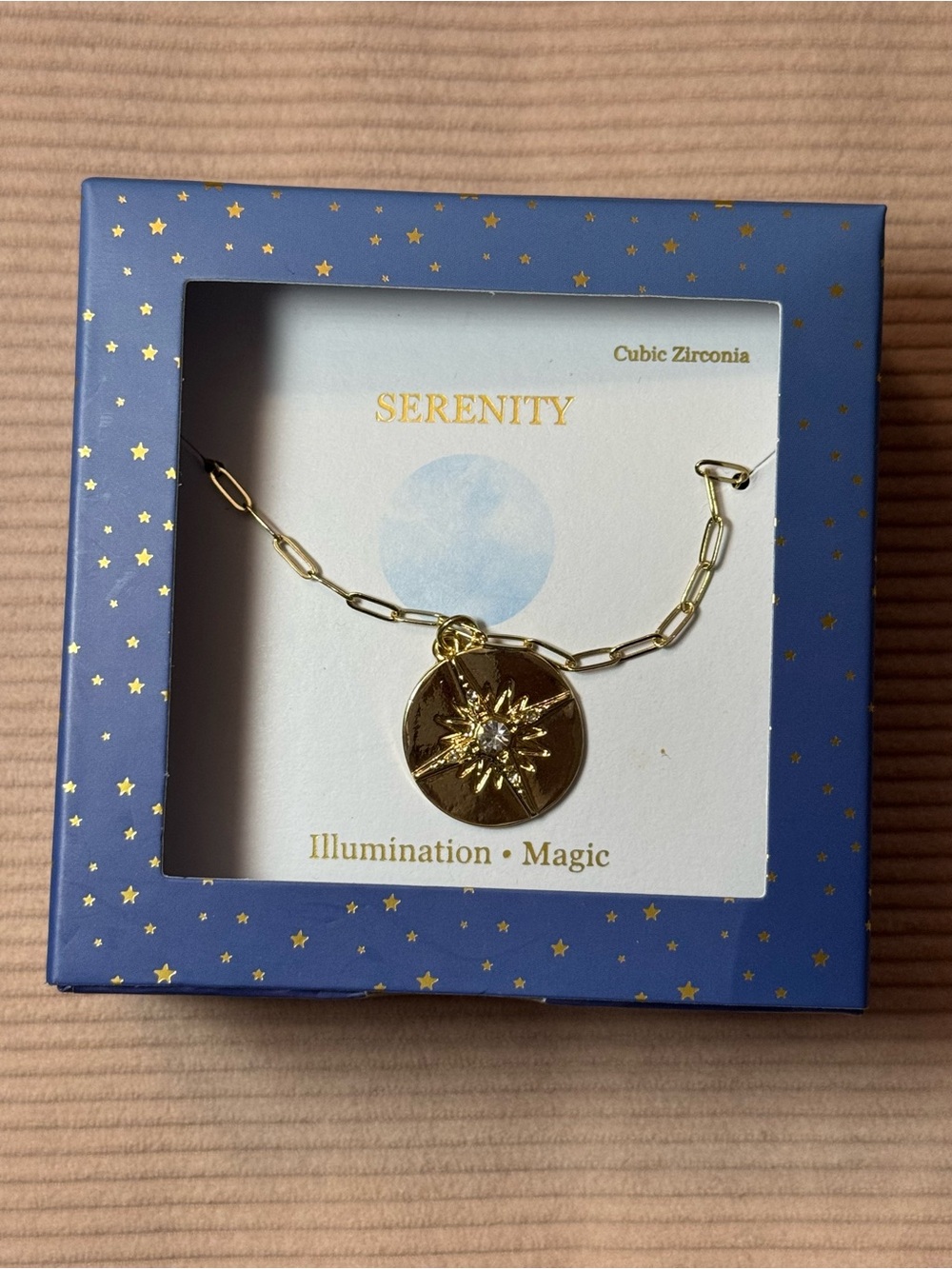 Serenity Gold Starburst Pendant Necklace with Clear Cubic Zirconia